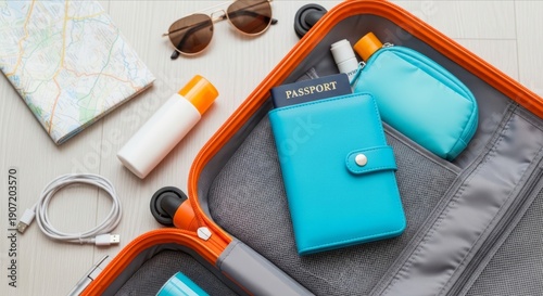 Travel Essentials in Open Suitcase with Passport and Accessories