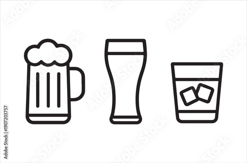 Simple black and white line drawing of a beer mug pilsner glass and rocks glass