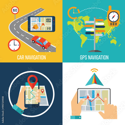 GPS navigation concept banners set with map location pin car route and smartphone