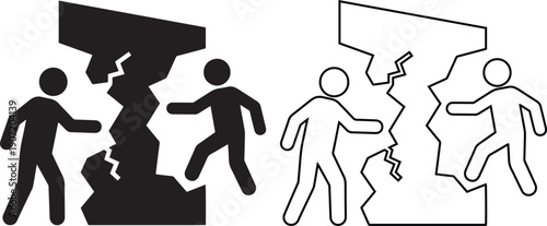 Vector illustration set featuring silhouette and outline of two people standing by a large cracked wall, symbolizing teamwork repair, relationship separation, crisis management and solutions.
