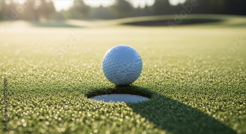 Golf Ball Near Hole on Green Grass in Early Morning Light