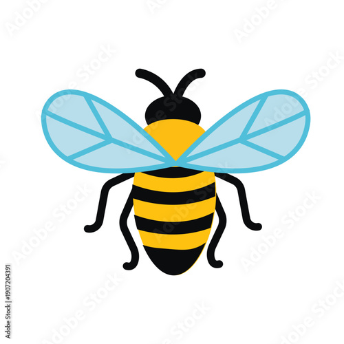 Bee illustration, symmetrical and simple design, clean shapes, contrasting yellow and black stripes, translucent blue wings