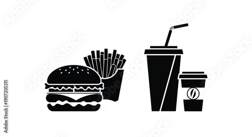 Simple black and white icons depicting a burger fries and a drink