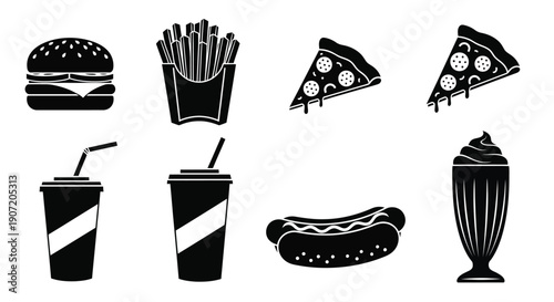 Black and white illustration of fast food items and beverages