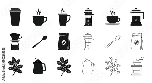 Collection of various coffee related icons and brewing equipment