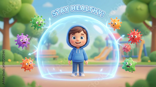 Happy Boy Inside Protective Energy Shield Outdoors Stay Healthy