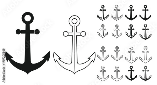 Collection of anchor icons in varying styles and shades of gray