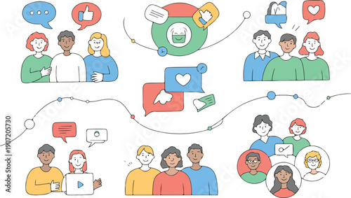 Diverse group of people interacting online with social media icons and speech bubbles.