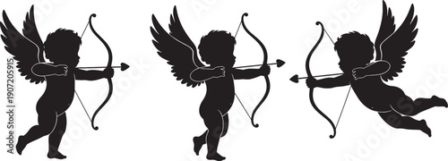 Three black silhouette cherubs with wings holding bows and arrows cupid angel