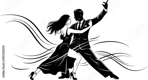 Elegant black and white vector illustration of a professional couple performing a passionate tango dance with fluid motion lines background