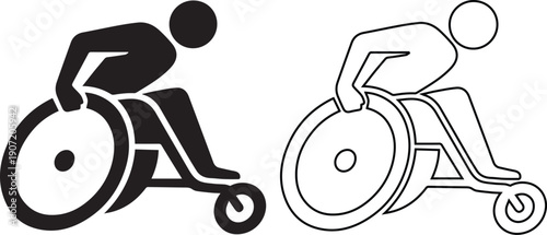 Wheelchair racing sport icon and paralympic athlete symbol vector set. Disabled runner silhouette and outline design isolated for marathon competition or adaptive sports logo.