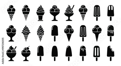 Black and white silhouette icons depicting various frozen desserts and treats