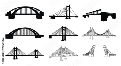 Variety of bridge designs illustrated in a black and white graphic