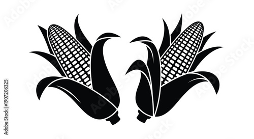 Two ears of corn with husks depicted in a black and white illustration