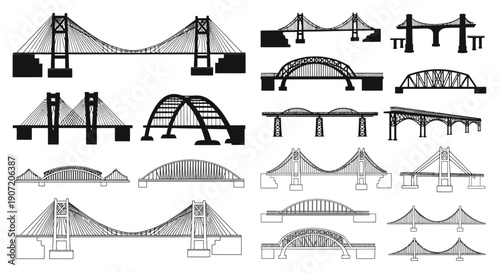 Various bridge designs illustrated in black and white line art