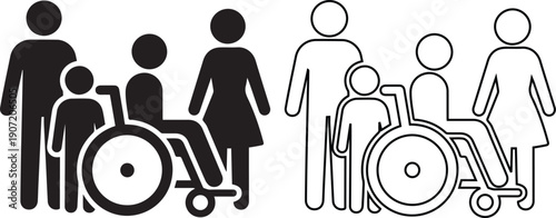 Vector icon set featuring a family group with a member in a wheelchair, symbolizing disability care and inclusion in solid and outline styles isolated on white background.