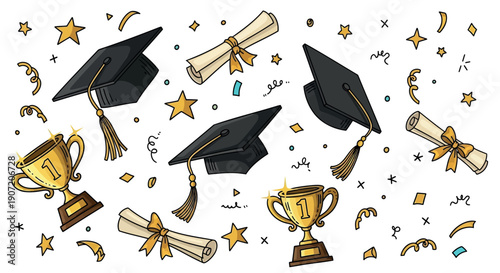 Graduation caps, diplomas, and trophies with confetti and stars, vector illustration for celebration or achievement banner
