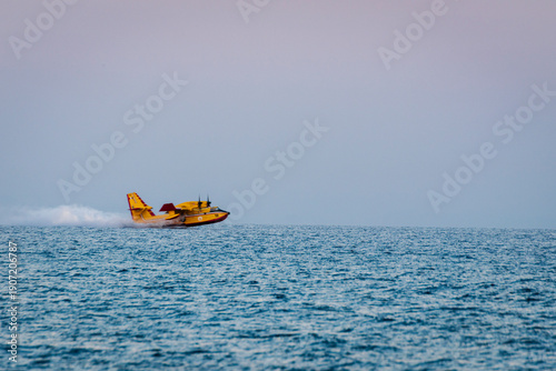 Firefighting plane charging water in the sea.