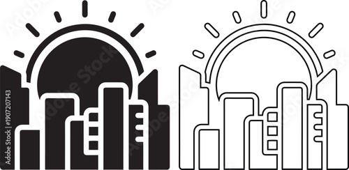 Vector icon set of modern city skyline with sun in black silhouette and outline styles. Urban landscape symbols for real estate logos, sunrise views, sunset architecture and town travel.