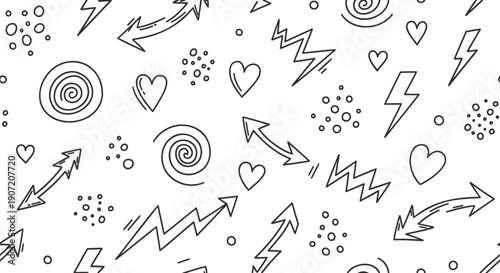 Vector doodle icons pattern with arrows, hearts, lightning bolts, and targets for background or texture, Isolated on transparent background, png