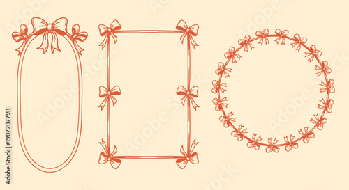 Red ribbon bow frames, oval, square, and circular borders for gift or invitation design, isolated on beige background, png