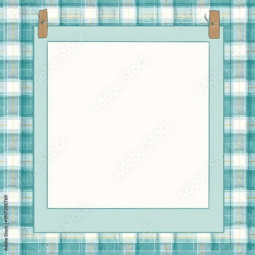 Blank cyan polaroid-style frame clipped to a checkered turquoise backdrop