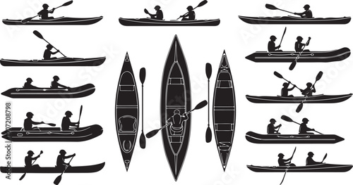 A collection of various kayaks and kayaking activities depicted in silhouette.