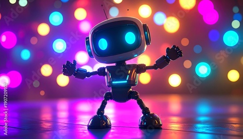 Neon Robot Dancing in a Futuristic Disco Setting.