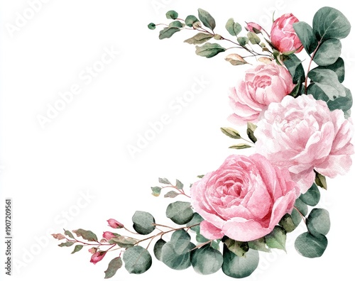 Watercolor illustration of pink roses and eucalyptus leaves forming a floral corner