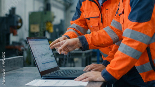 Close up industrial engineer hands pointing at data graph on laptop screen discussing performance report in factory