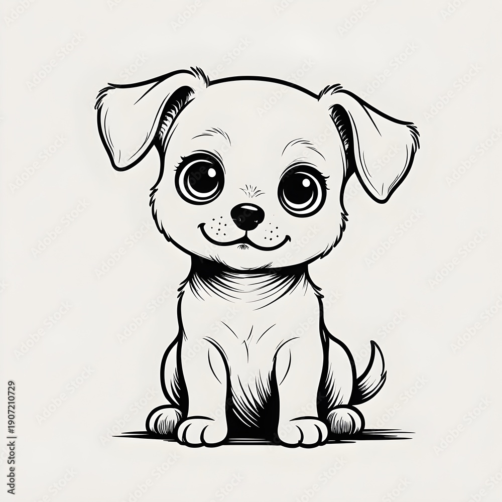 Fototapeta premium Cute Puppy Line Art Illustration in Black and White on Clean Background