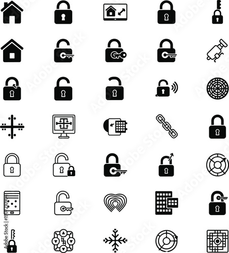 Collection of minimalist black and white security icons featuring padlocks, keys, and smart home protection.