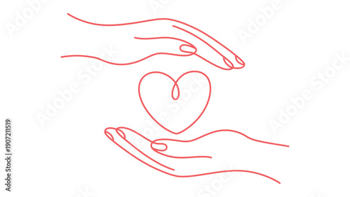  Minimal continuous line drawing of hands holding heart, symbolizing love, care, protection, compassion, support, kindness, charity and emotional connection concept illustration