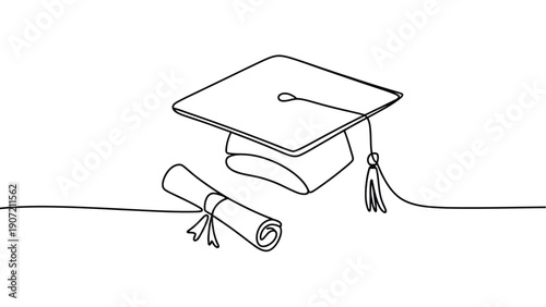  Single continuous line drawing of graduation cap with diploma scroll, symbolizing education, academic success, learning achievement, graduation ceremony and knowledge concept illustration