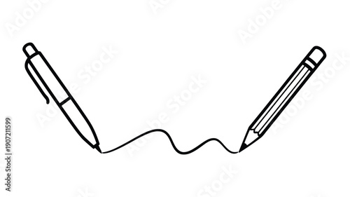  Single continuous line drawing of pen and pencil connected by flowing line, symbolizing creativity, writing, education, communication, inspiration and artistic process concept illustration