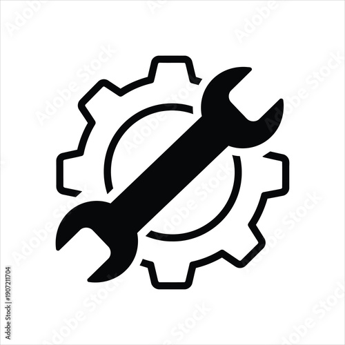 Black icon of a wrench crossed over a gear, representing mechanical repair, engineering, industry, and tools.