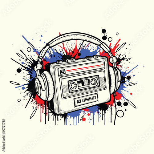 Retro Cassette Headphones Grunge T Shirt Design Vector Illustration