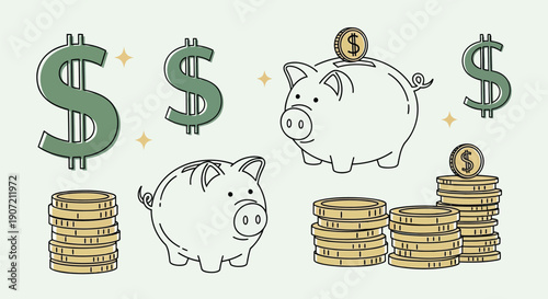 Vector illustration of piggy banks and coins with dollar signs, for finance or savings concept, isolated on light green background, png