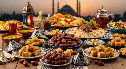 Traditional Ramadan 2026 Iftar Food with Warm Islamic Ambience.