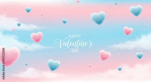 Hearts float in a pink and blue sky with clouds on Valentine's Day