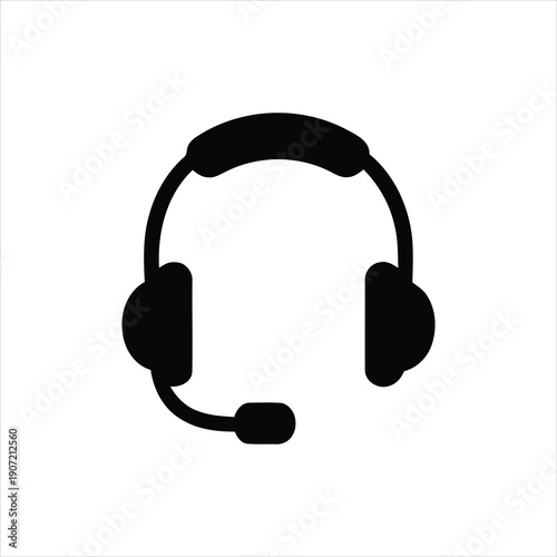 Black icon of a headset with a microphone, symbolizing customer support, call center, communication, and online service.