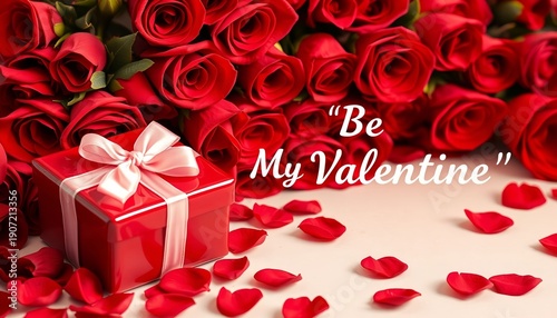 Red Rose Bouquet with Gift Box and Ribbon – Be My Valentine Romantic Greeting