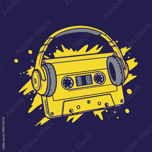 Retro Cassette Headphones Grunge T Shirt Design Vector Illustration