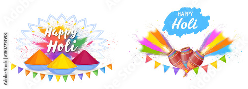 A vibrant illustration celebrating the Holi festival with colorful powders and decorations