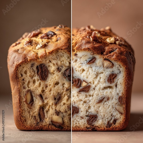 Homemade bread with raisins. Luxury editorial close up of homemade date and dark chocolate bread loaf.