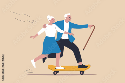 Elderly couple enjoying a skateboarding adventure together in a playful moment