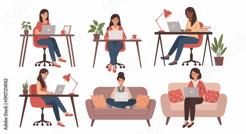 Woman Working Remotely in Different Settings.