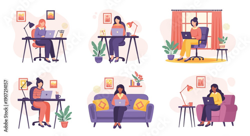 Woman Working Remotely on Laptop in Various Settings.