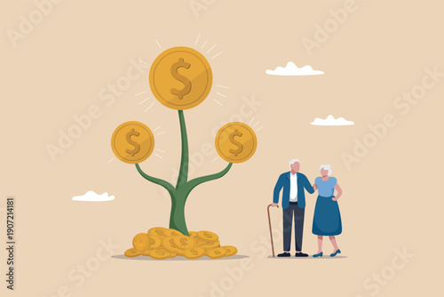 Elderly couple standing beside a money tree symbolizing financial growth and planning