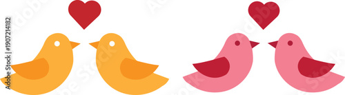 TwoPairs Cute Birds Kissing With Hearts Floating Above
